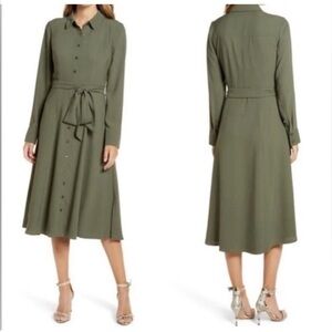 Nursing Long Sleeve Olive Green Button Down Shirt Dress Belted Size XL